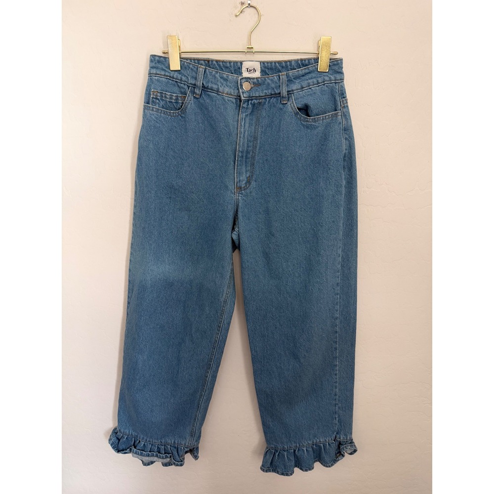Tach Clothing Blue Ruffle Hem High Rise Cropped Straight Leg Romantic Jeans XL